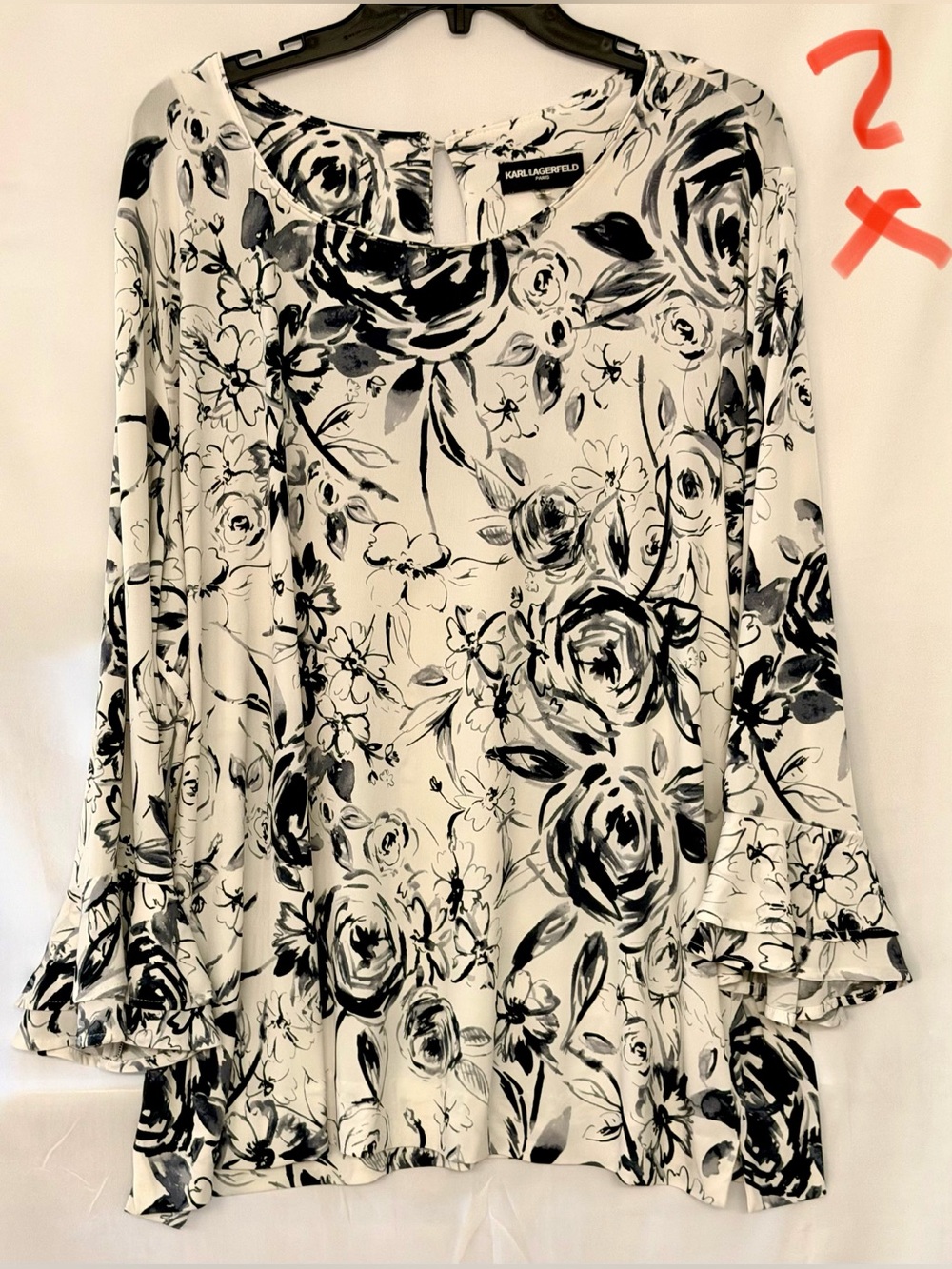 Karl Lagerfeld Black & White Floral Bell-Sleeve Tunic